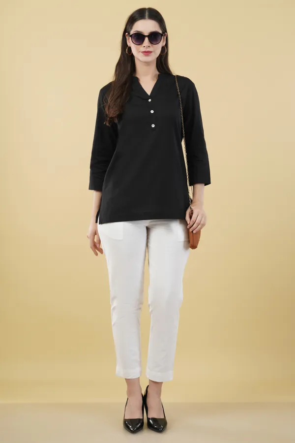 Black_Cotton_Linen_Collar_Neck_Button_Detail_Top_For_Women