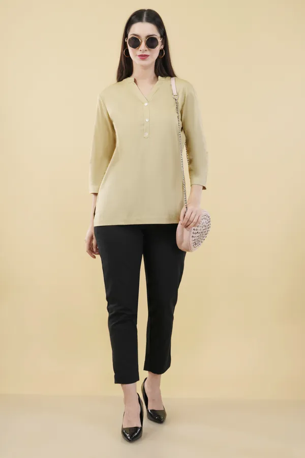 Beige_Cotton_Linen_Mandarin_Collar_Three-Quarter_Sleeve_Top_For_Women