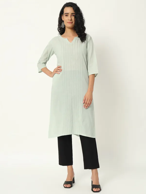 Mint_Green_Cotton_Straight_Pintuck_Long_Kurta_For_Women