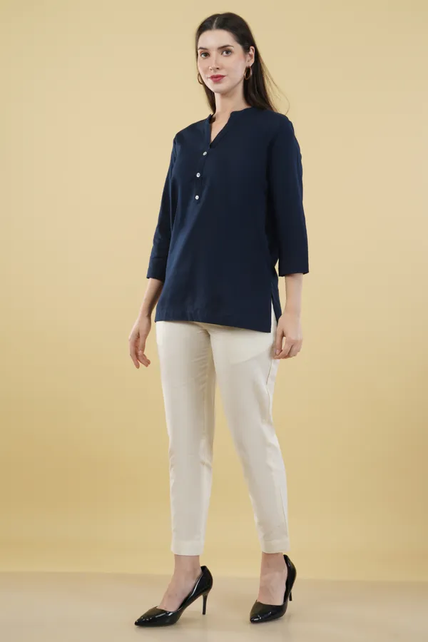 Navy_Blue_Cotton_Linen_Regular_Fit_Top_For_Women