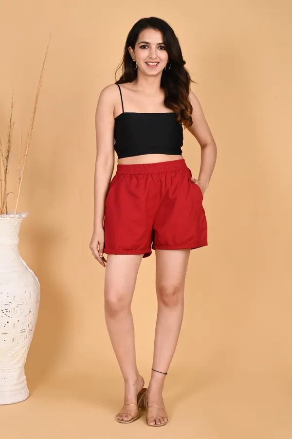 Red_Cotton_Linen_Elasticated_Waist_Shorts_For_Women