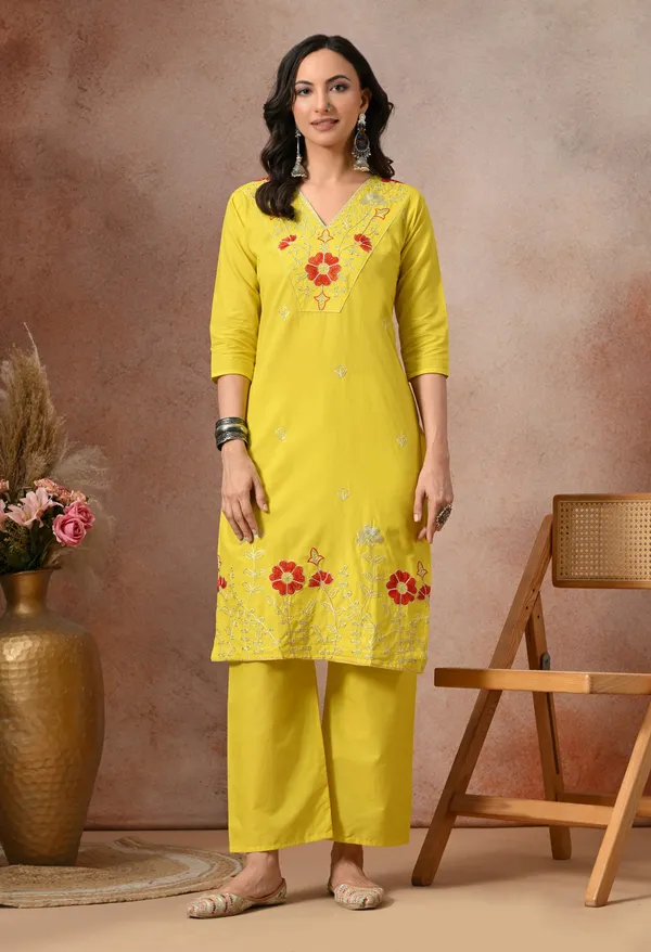 Yellow_Cotton_Embroidered_3-Piece_Suit_Set_For_Women
