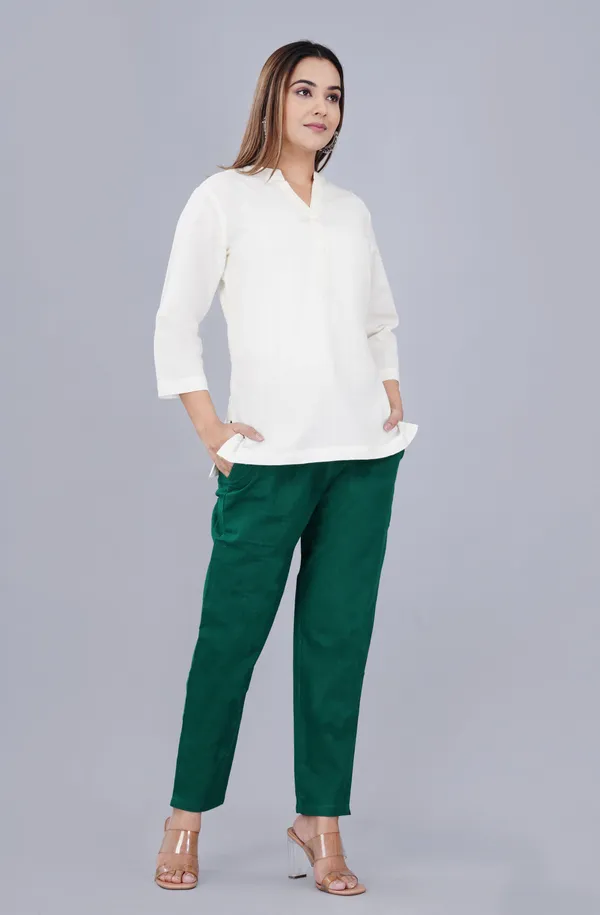 White_And_Green_Cotton_Linen_V-Neck_Three-Quarter_Sleeve_Top_For_Women
