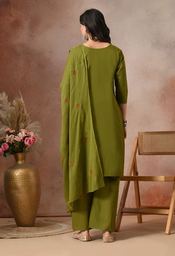 Olive_Green_Cotton_Floral_Embroidered_3-Piece_Suit_Set_For_Women