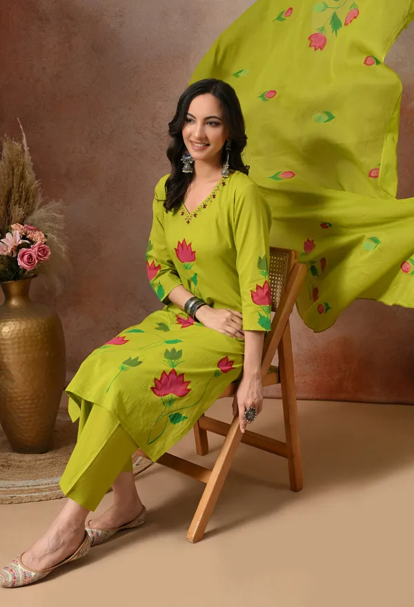 Lime_Green_Cotton_Floral_Print_3-Piece_Suit_Set_With_Dupatta_For_Women