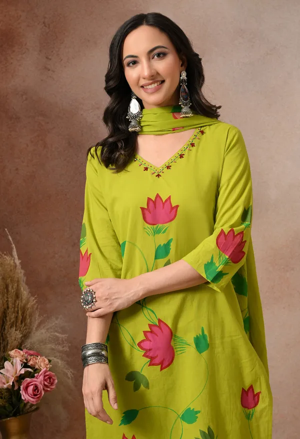 Lime_Green_Cotton_Floral_Print_3-Piece_Suit_Set_With_Dupatta_For_Women