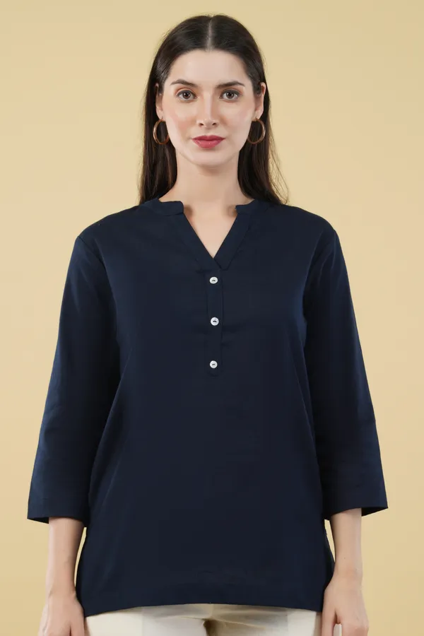 Navy_Blue_Cotton_Linen_Regular_Fit_Top_For_Women