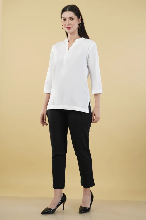 White_Cotton_Linen_Notch_Neck_Top_For_Women
