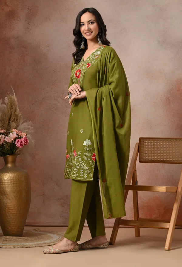 Olive_Green_Cotton_Floral_Embroidered_3-Piece_Suit_Set_For_Women