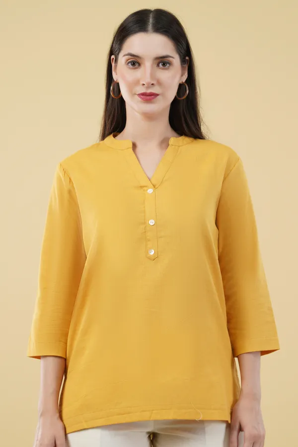 Yellow_Cotton_Linen_Straight_Fit_Tunic_Top_For_Women