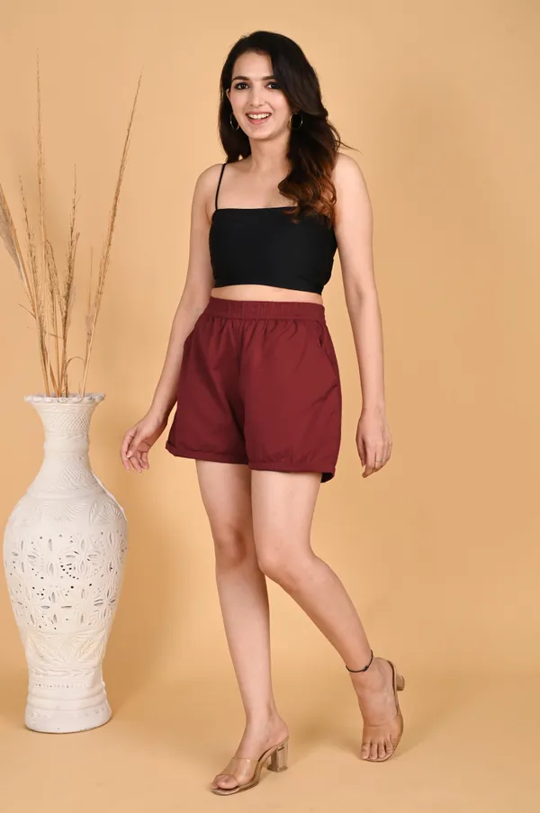 Maroon_Cotton_Linen_Elastic_Waist_Casual_Shorts_For_Women