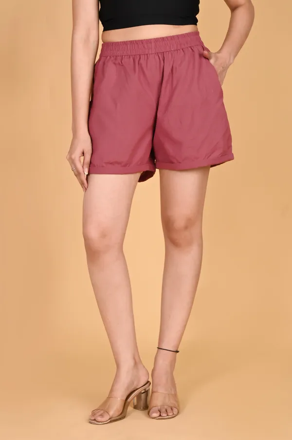 Rose_Pink_Cotton_Linen_Elasticated_Waist_Shorts_For_Women