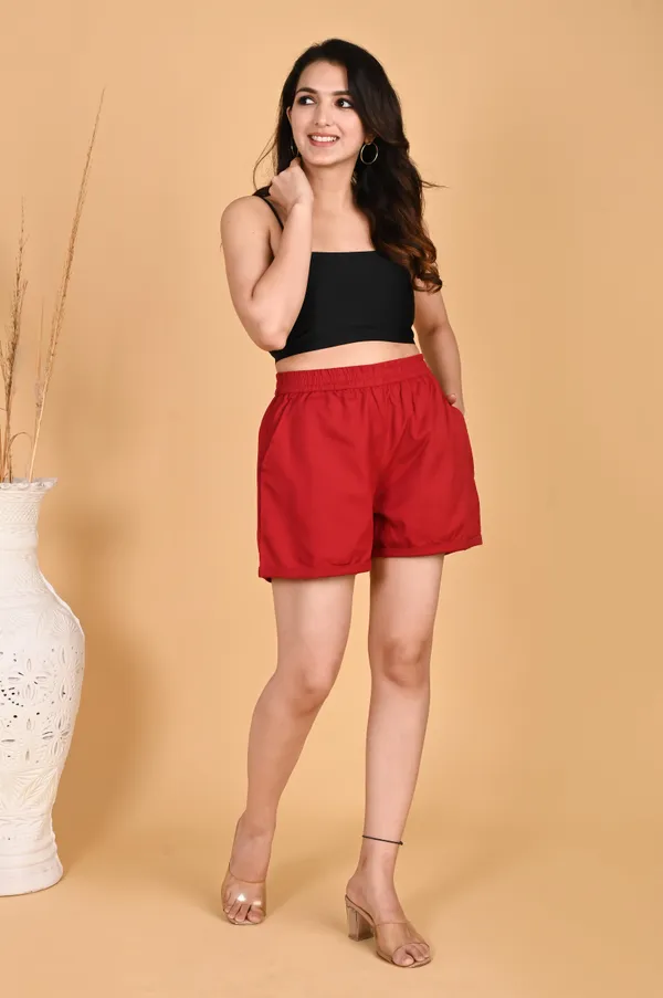 Red_Cotton_Linen_Elasticated_Waist_Shorts_For_Women