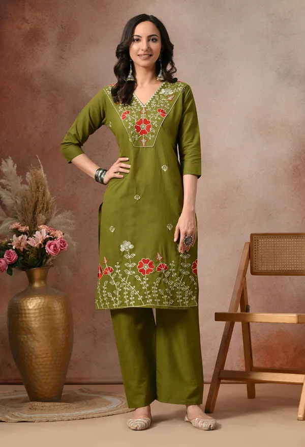 Olive_Green_Cotton_Floral_Embroidered_3-Piece_Suit_Set_For_Women