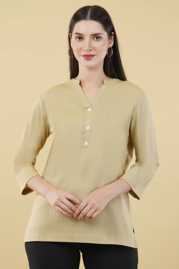 Beige_Cotton_Linen_Mandarin_Collar_Three-Quarter_Sleeve_Top_For_Women