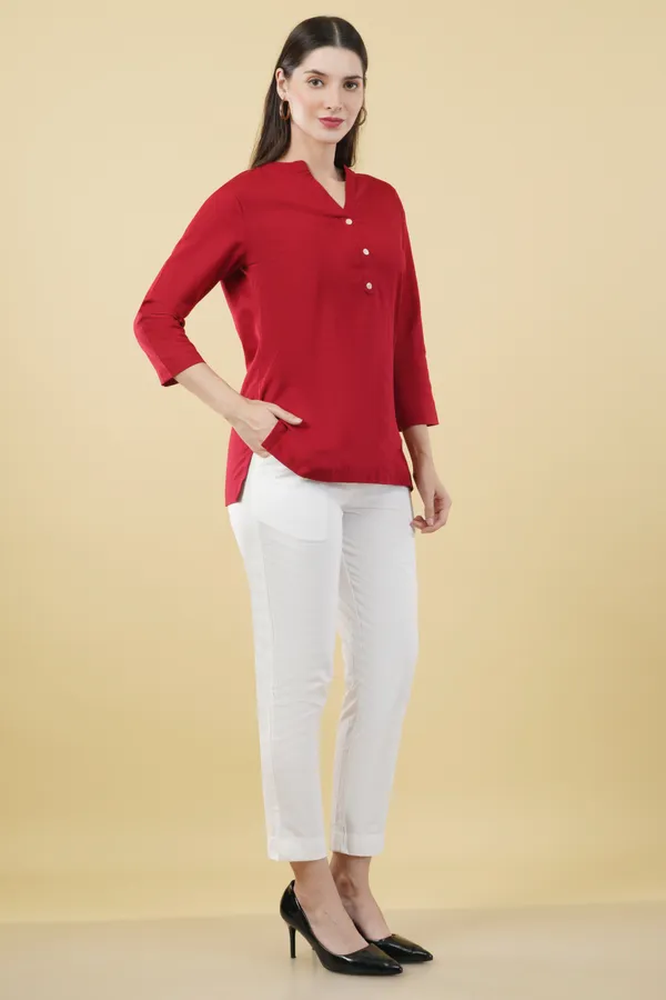Red_Cotton_Linen_V-Neck_Three-Quarter_Sleeve_Top_For_Women