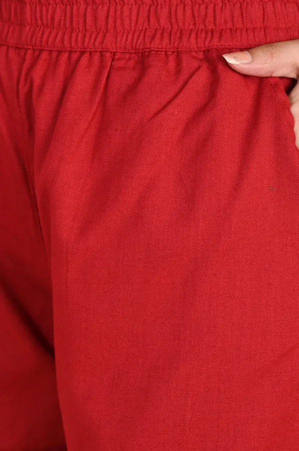 Red_Cotton_Linen_Elasticated_Waist_Shorts_For_Women
