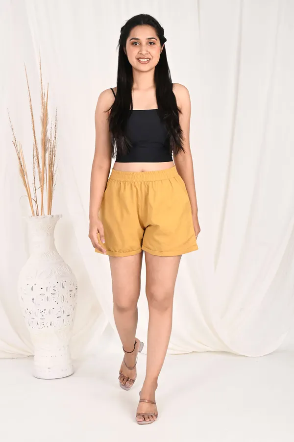 Mustard_Yellow_Cotton_Linen_Casual_Shorts_For_Women