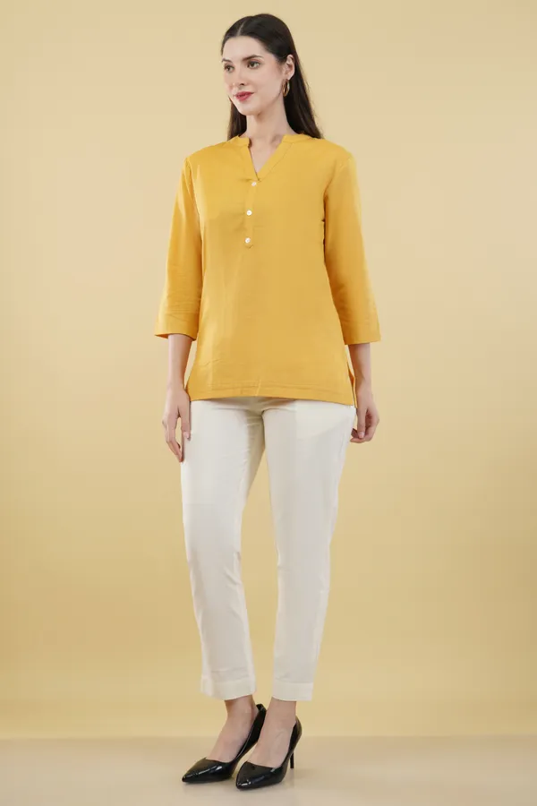 Yellow_Cotton_Linen_Straight_Fit_Tunic_Top_For_Women