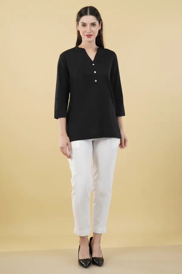 Black_Cotton_Linen_Collar_Neck_Button_Detail_Top_For_Women