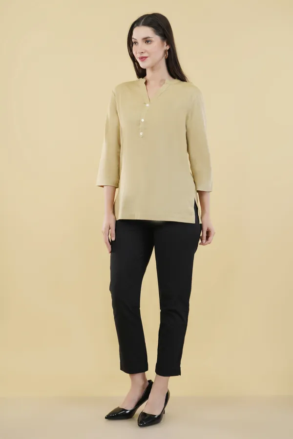 Beige_Cotton_Linen_Mandarin_Collar_Three-Quarter_Sleeve_Top_For_Women