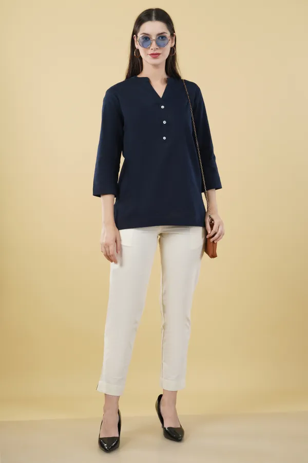 Navy_Blue_Cotton_Linen_Regular_Fit_Top_For_Women