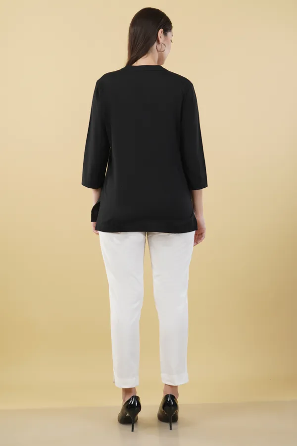 Black_Cotton_Linen_Collar_Neck_Button_Detail_Top_For_Women