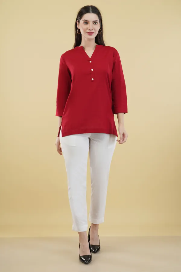 Red_Cotton_Linen_V-Neck_Three-Quarter_Sleeve_Top_For_Women