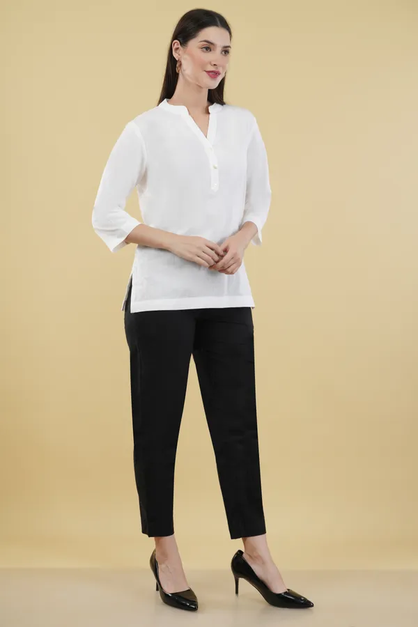 White_Cotton_Linen_Notch_Neck_Top_For_Women