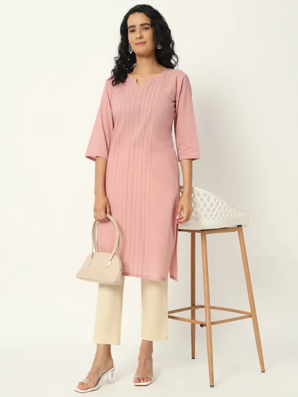 Pink_Cotton_Straight_Pintuck_Long_Kurta_For_Women