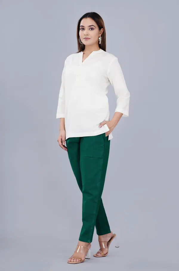 White_And_Green_Cotton_Linen_V-Neck_Three-Quarter_Sleeve_Top_For_Women