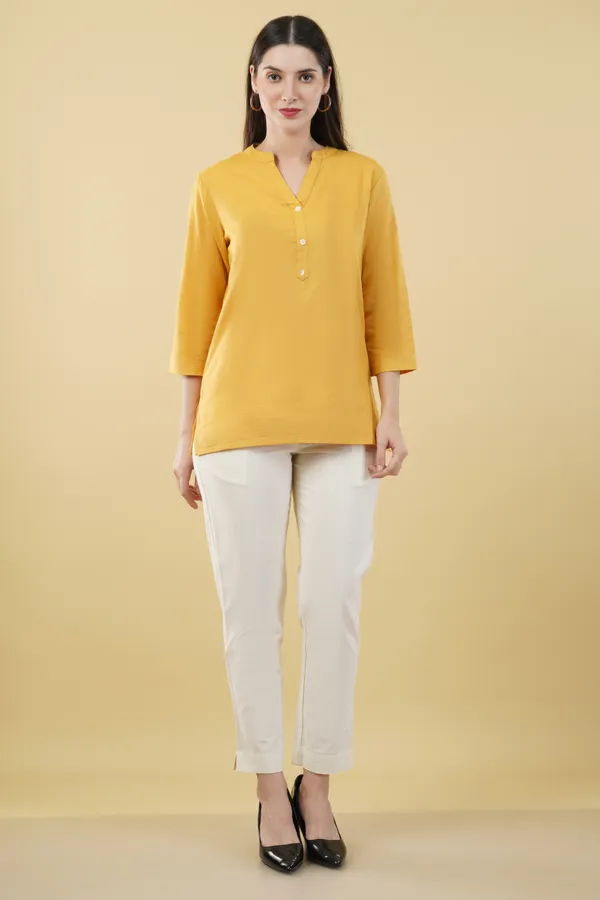 Yellow_Cotton_Linen_Straight_Fit_Tunic_Top_For_Women
