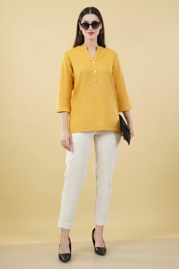 Yellow_Cotton_Linen_Straight_Fit_Tunic_Top_For_Women