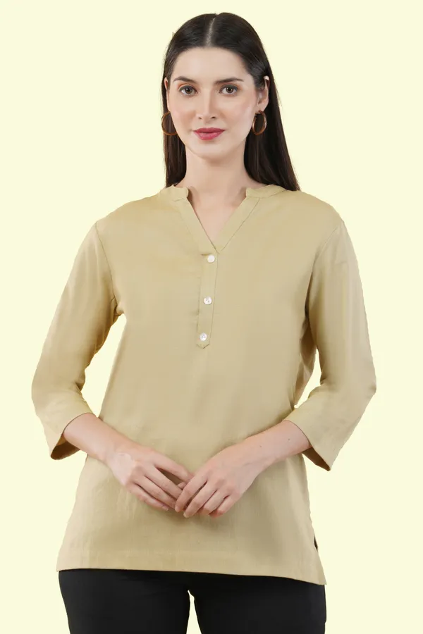 Beige_Cotton_Linen_Mandarin_Collar_Three-Quarter_Sleeve_Top_For_Women