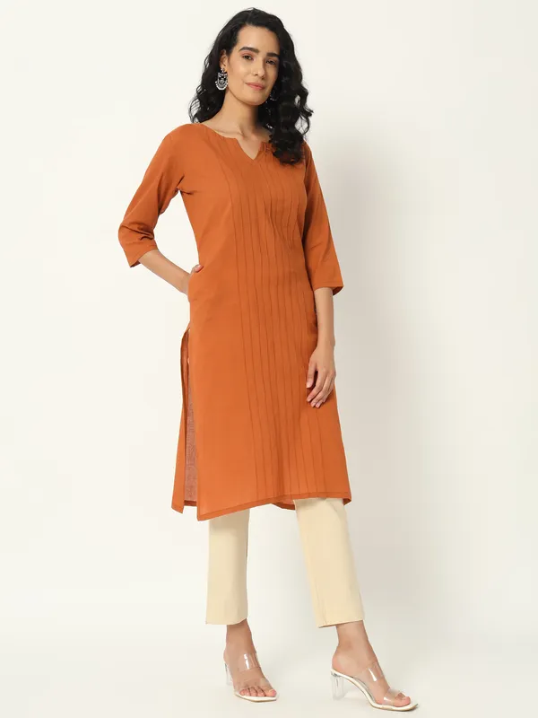 Orange_Cotton_Straight_Long_Kurta_For_Women