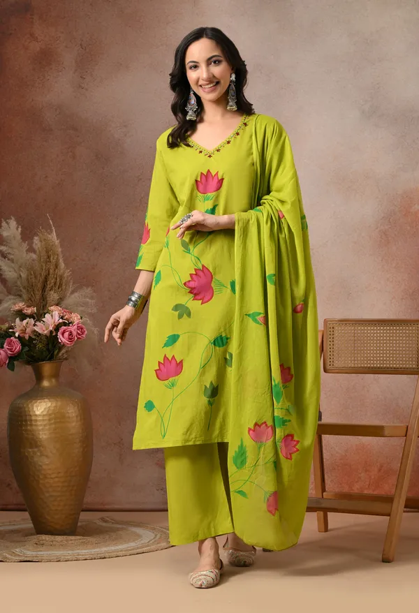 Lime_Green_Cotton_Floral_Print_3-Piece_Suit_Set_With_Dupatta_For_Women