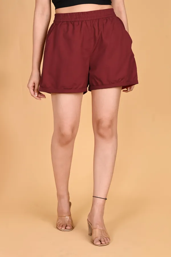 Maroon_Cotton_Linen_Elastic_Waist_Casual_Shorts_For_Women