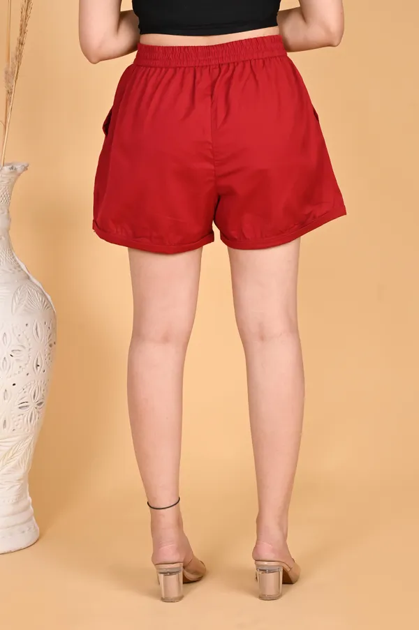 Red_Cotton_Linen_Elasticated_Waist_Shorts_For_Women