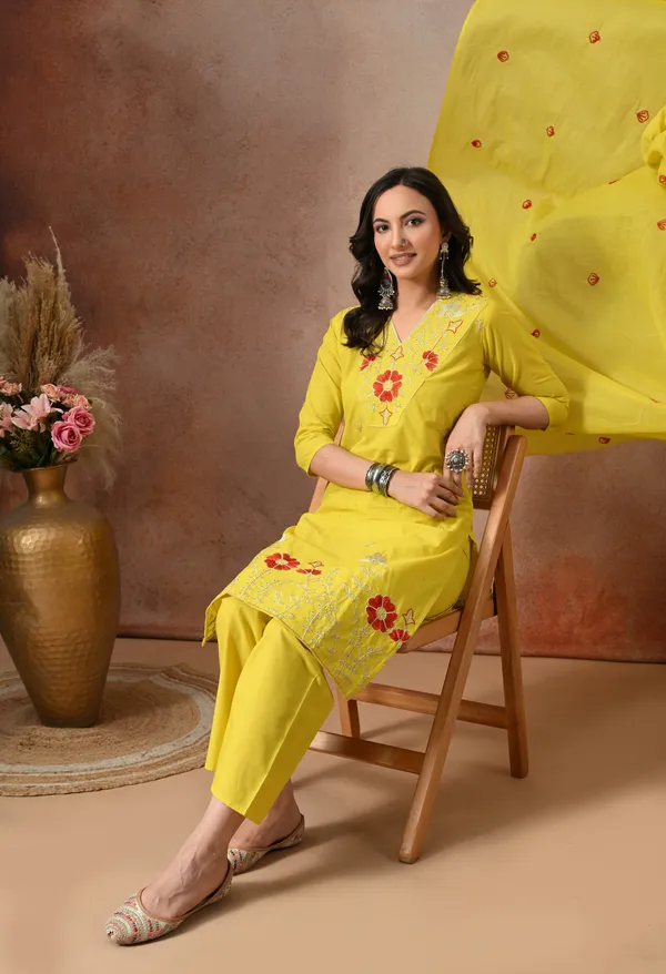 Yellow_Cotton_Embroidered_3-Piece_Suit_Set_For_Women