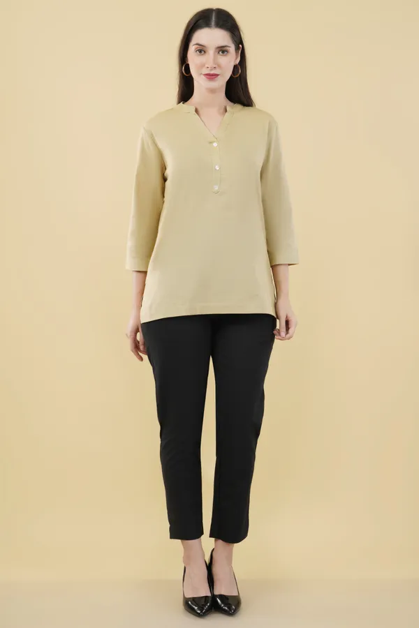 Beige_Cotton_Linen_Mandarin_Collar_Three-Quarter_Sleeve_Top_For_Women