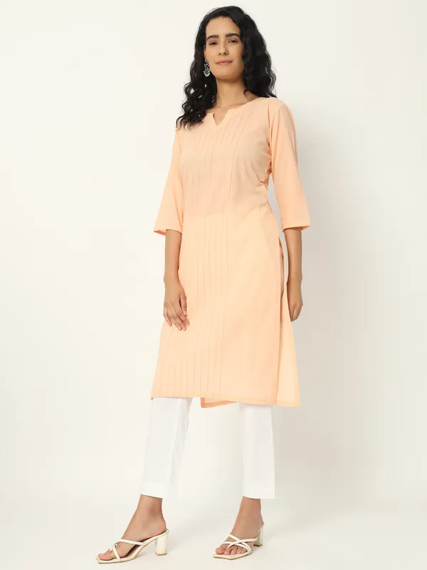 Peach_Cotton_Straight_Fit_Three-Quarter_Sleeve_Long_Kurta_For_Women