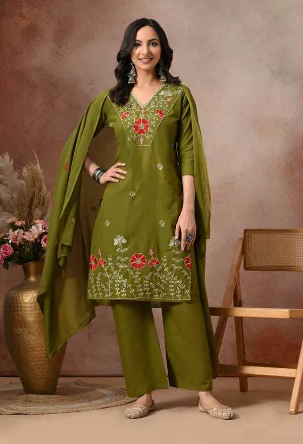 Olive_Green_Cotton_Floral_Embroidered_3-Piece_Suit_Set_For_Women