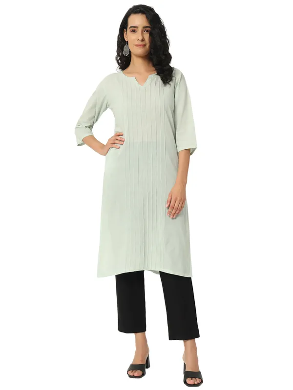 Mint_Green_Cotton_Straight_Pintuck_Long_Kurta_For_Women