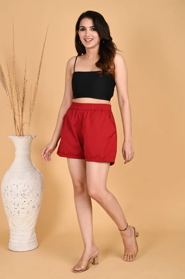 Red_Cotton_Linen_Elasticated_Waist_Shorts_For_Women