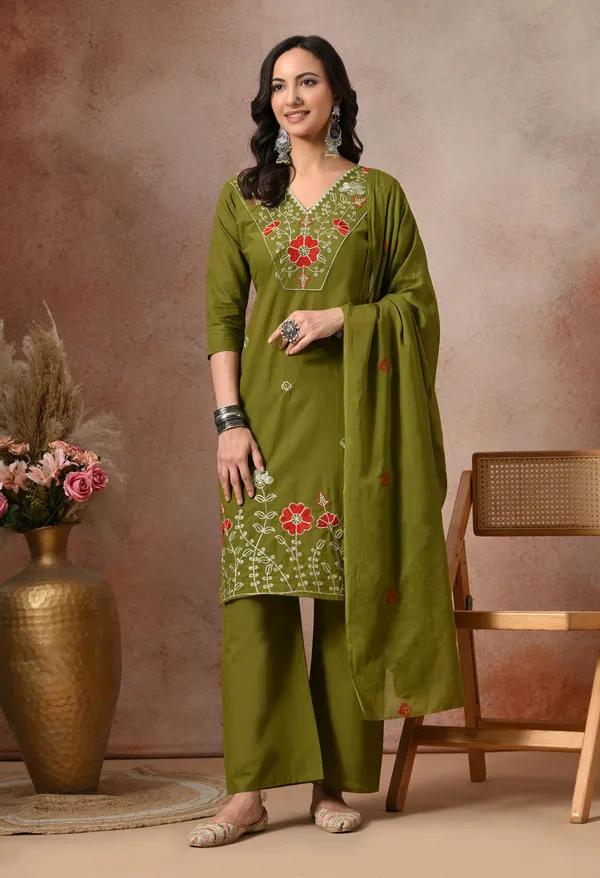 Olive_Green_Cotton_Floral_Embroidered_3-Piece_Suit_Set_For_Women