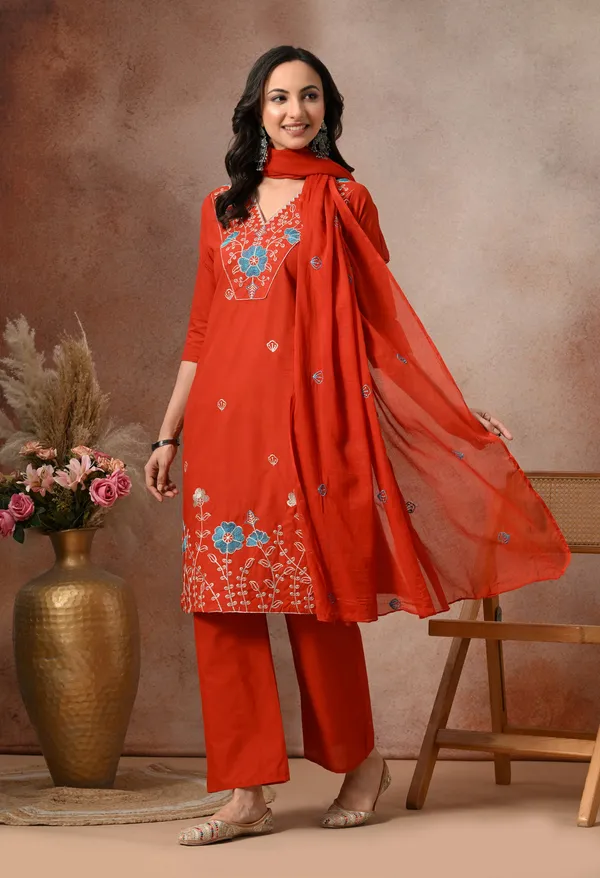 Rust_Orange_Cotton_Floral_Embroidered_3-Piece_Suit_Set_For_Women