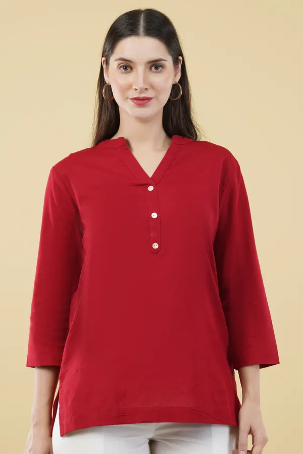 Red_Cotton_Linen_V-Neck_Three-Quarter_Sleeve_Top_For_Women