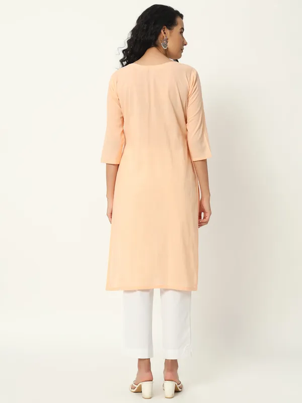 Peach_Cotton_Straight_Fit_Three-Quarter_Sleeve_Long_Kurta_For_Women