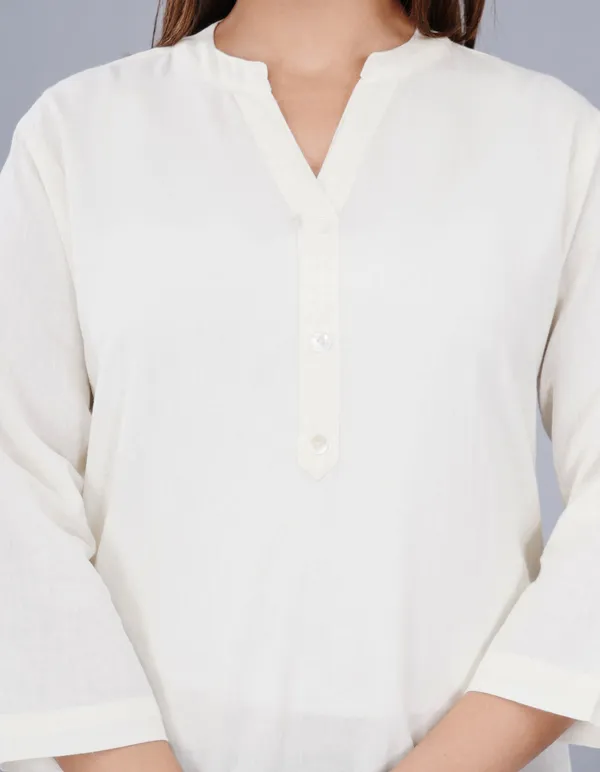 White_And_Green_Cotton_Linen_V-Neck_Three-Quarter_Sleeve_Top_For_Women