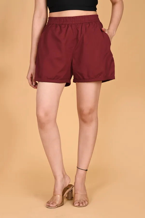 Maroon_Cotton_Linen_Elastic_Waist_Casual_Shorts_For_Women